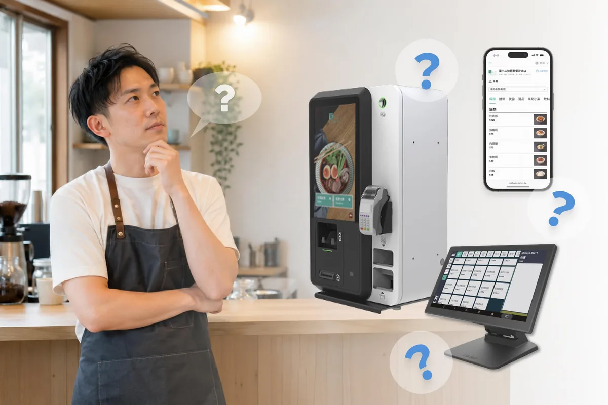 老闆在店內面對點餐機、POS、線上點餐三種設備的抉擇
