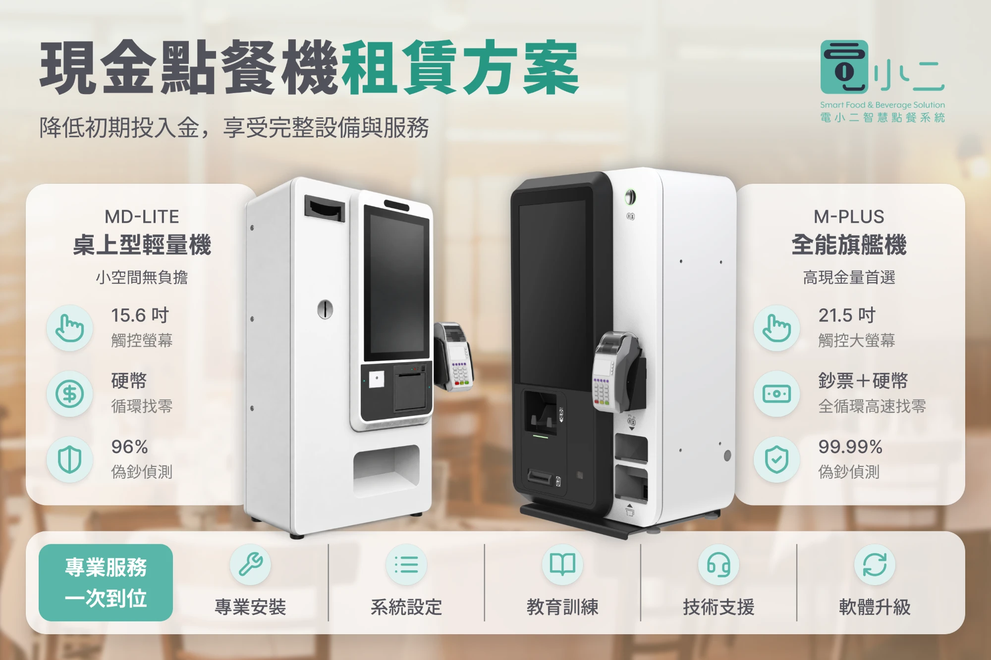 電小二現金點餐機租賃方案:MD-LITE 桌上型輕量機(15.6 吋觸控螢幕、硬幣循環找零、96% 偽鈔偵測)與 M-PLUS 全能旗艦機(21.5 吋觸控大螢幕、鈔票與硬幣全循環高速找零、99.99% 偽鈔偵測),專業安裝、系統設定、教育訓練、技術支援、軟體升級一次到位
